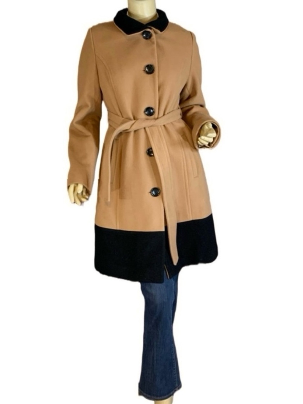 DANA BUCHMAN TAN & BLACK WOOL, NYLON & CASHMERE BLEND COLOR BLOCK COAT (M)